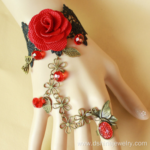 Retro Red Rose Lace Bracelet With Ring Vampire Sexy Jewelry